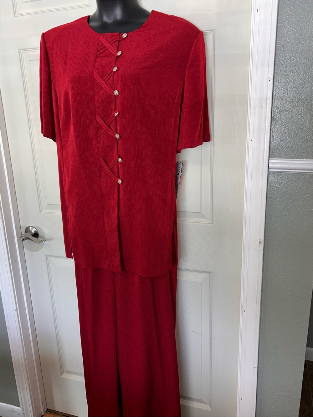 Classic Women's Red Two-Piece Set - Elegant Button Front Top & Matching Pants